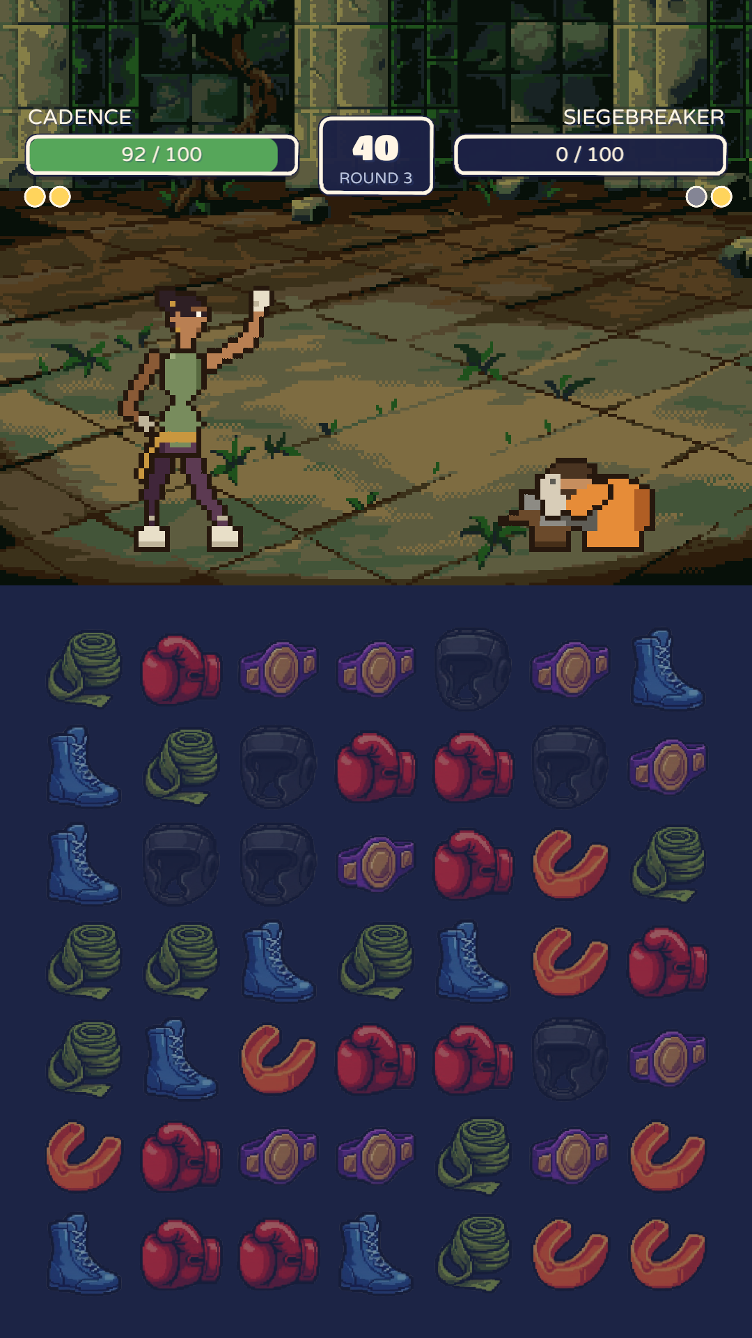 A KO in the overgrown ruins — Cadence stands over Siegebreaker